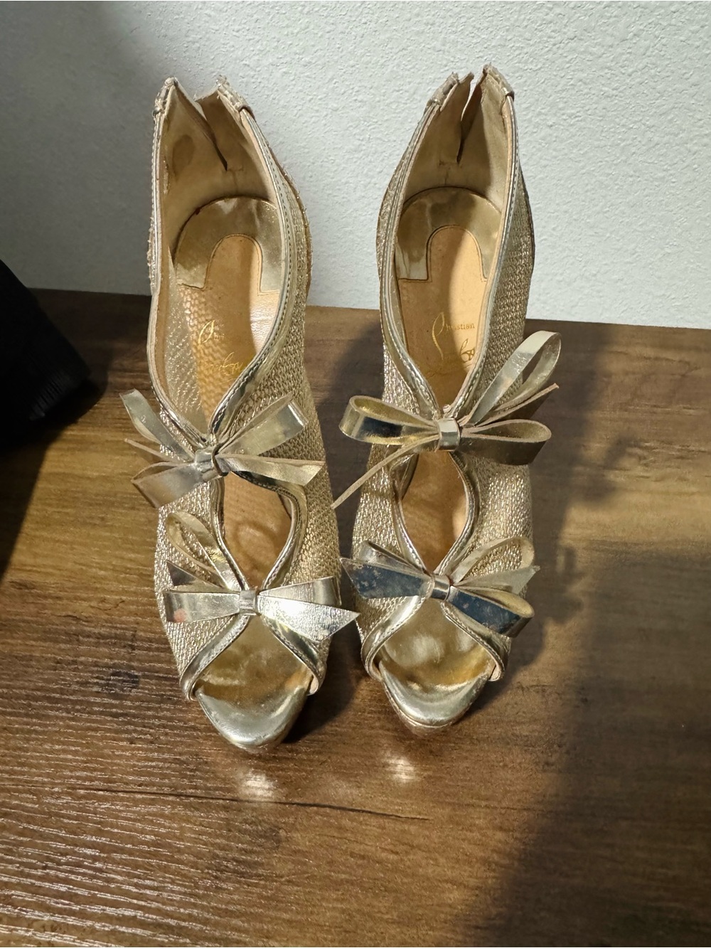 Christian Louboutin Metallic Mesh Gold Bow Peep-Toe Heels